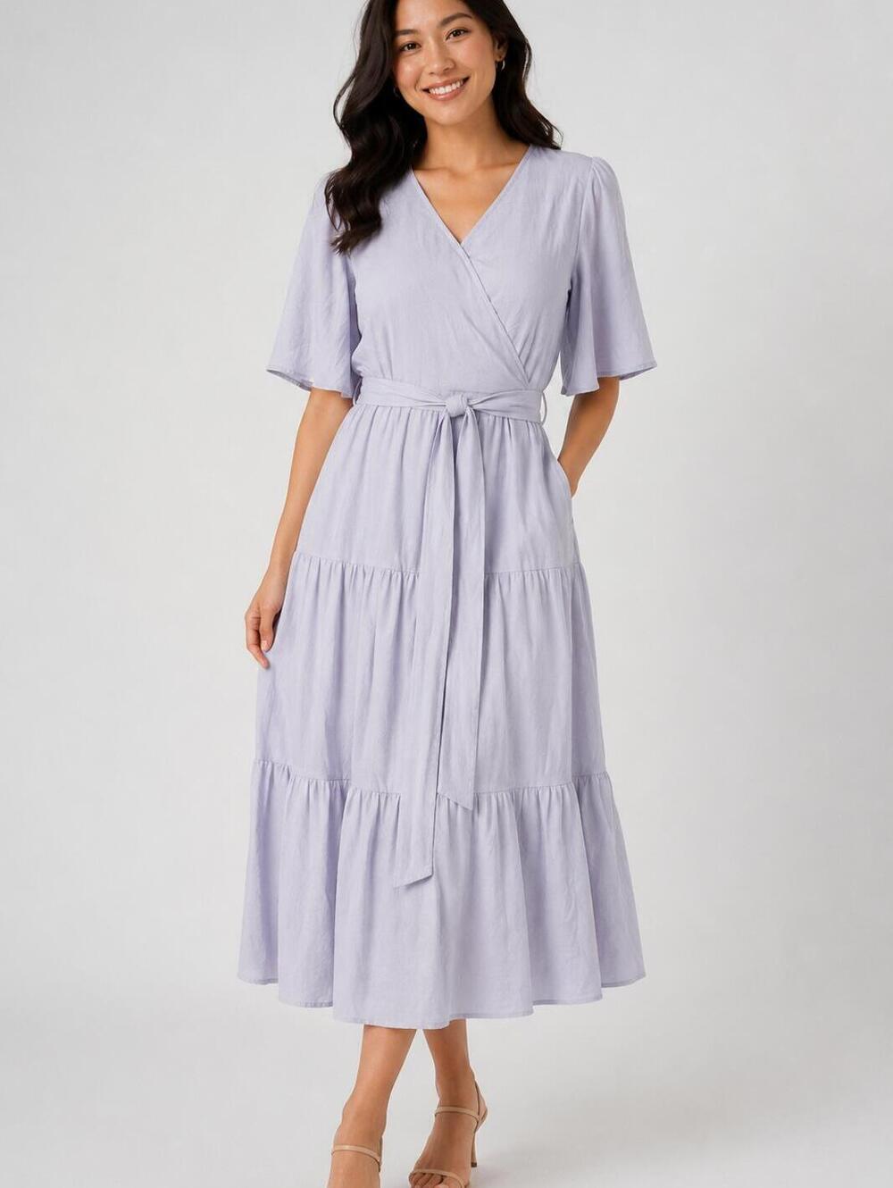 Ivy City Co Haley Dress Light Lavender Cotton Wrap Style Tiered Midi XS